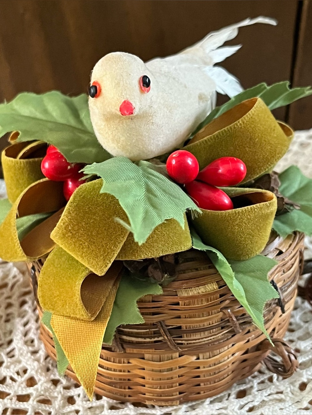 Vintage Feather Bird on Small Wicker Basket with Holly